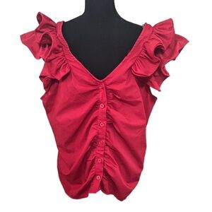 Ashley Stewart Vibrant Red Ruched Ruffled Blouse Size 18 Office Casual Spring